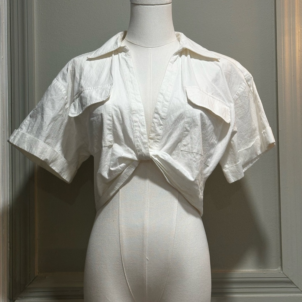 Zara White Button Down Cropped Shirt
